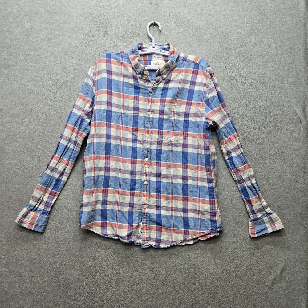American Eagle Outfitters Men Button Up Shirt L Blue Cotton Linen Plaid Madras